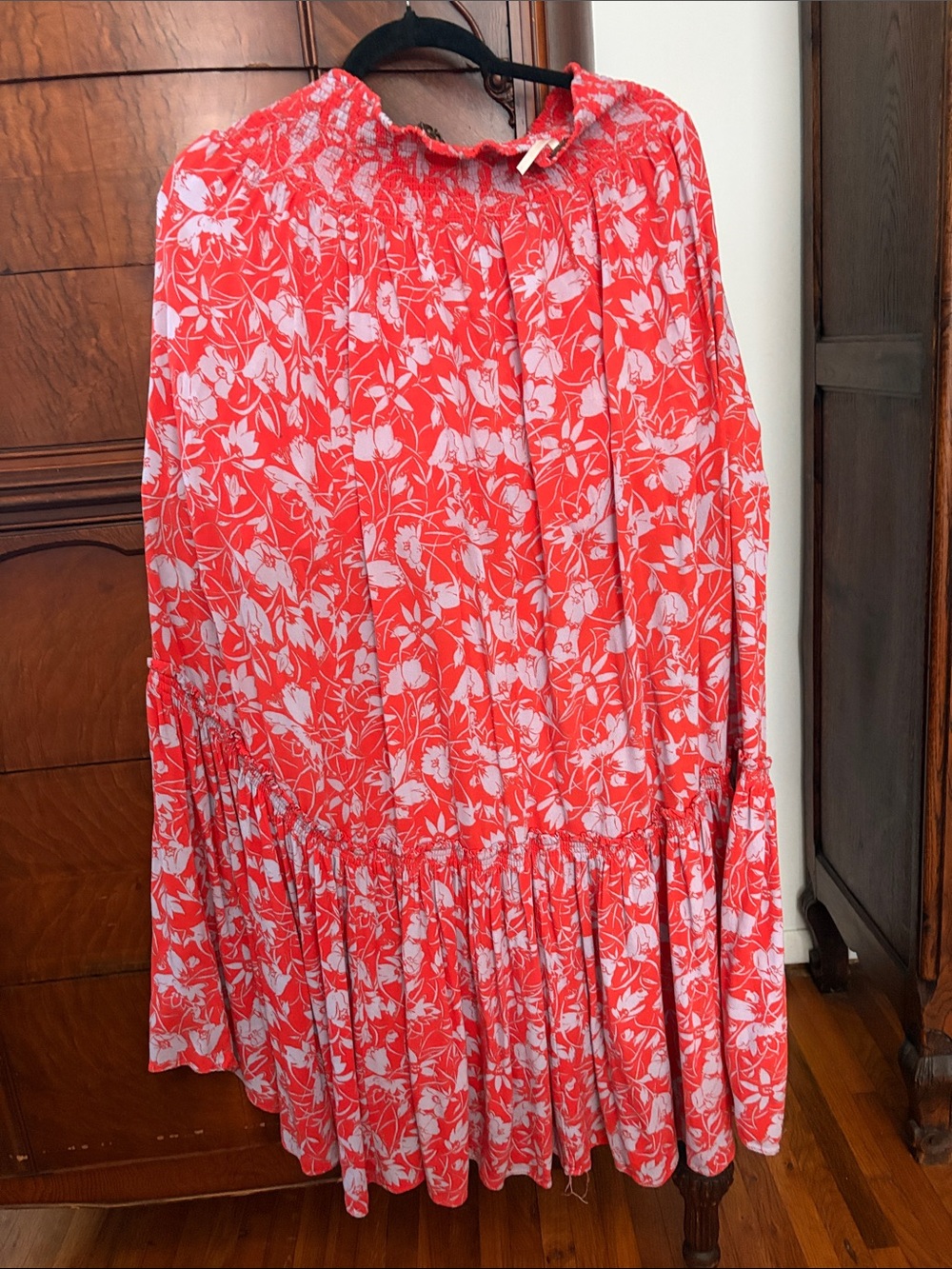 orange Floral Tiered A-Line Skirt with Smocked Waist